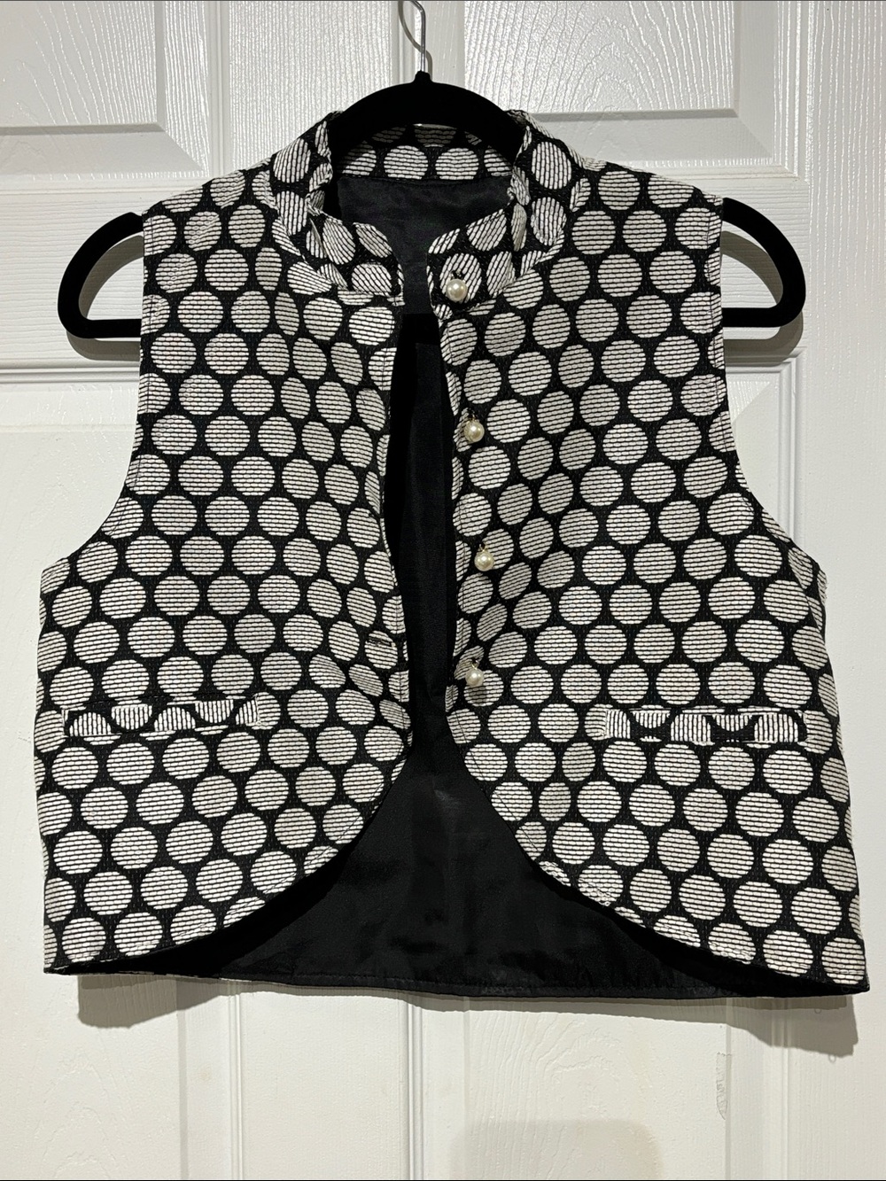 Womens Black & White Polka Dot Cropped Vest